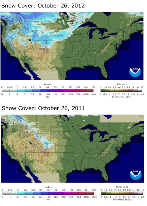 Snow cover comparison: October 26 2012 vs 2011